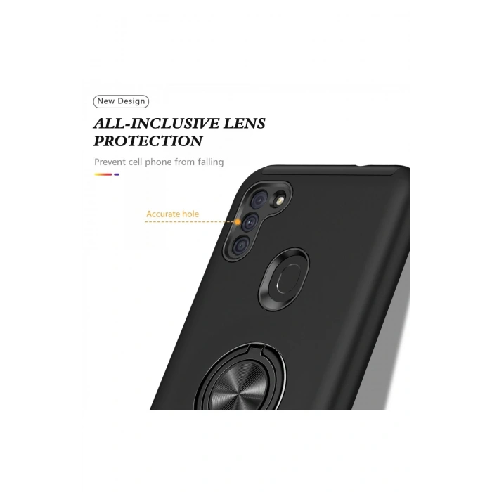 HarmonyAura  Samsung Galaxy A11 Kılıf Elit Yüzüklü Kapak - Siyah