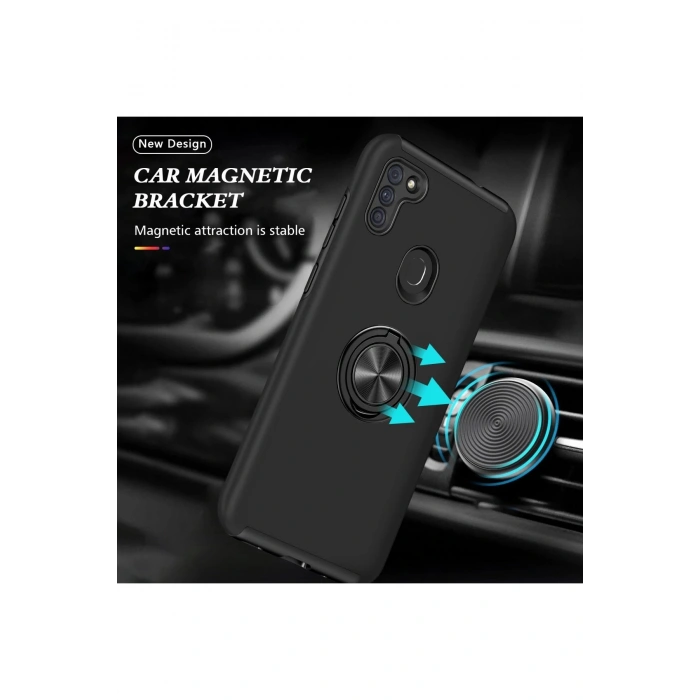 HarmonyAura  Samsung Galaxy A11 Kılıf Elit Yüzüklü Kapak - Siyah