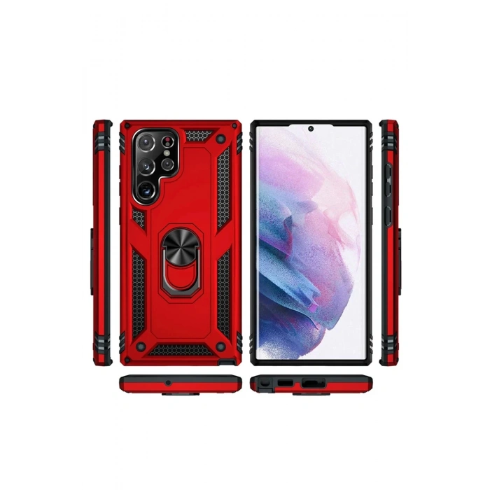 HarmonyAura  Samsung Galaxy S21 Ultra Kılıf Sofya Yüzüklü Silikon Kapak - Kırmızı