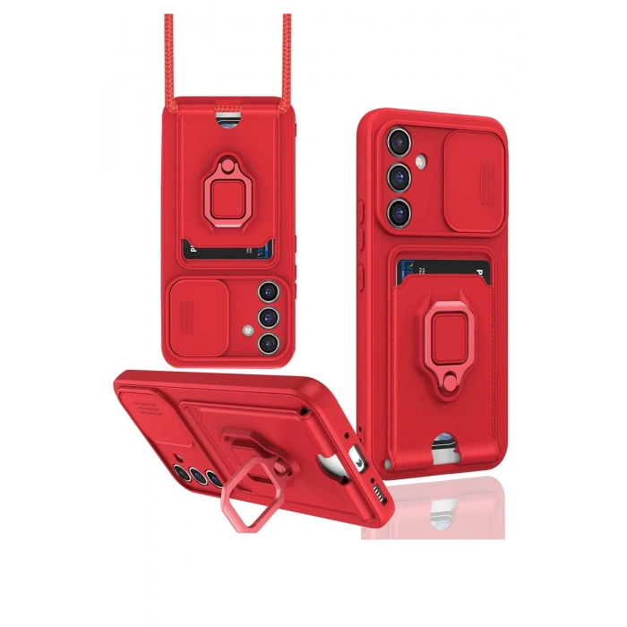 HarmonyAura  Samsung Galaxy S23 Fe Kılıf Zuma Kartvizitli Yüzüklü Silikon - Kırmızı