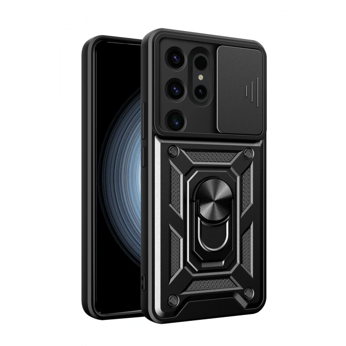 HarmonyAura  Samsung Galaxy S24 Ultra Kılıf Pars Lens Yüzüklü Silikon - Siyah