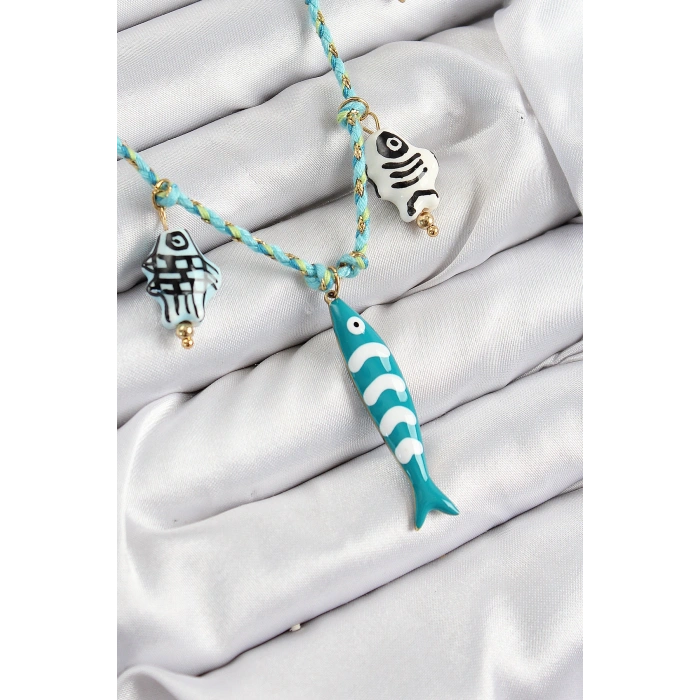 HarmonyAura Seramik Motifli Balık Figürlü Model Mavi İp Kadın Kolye