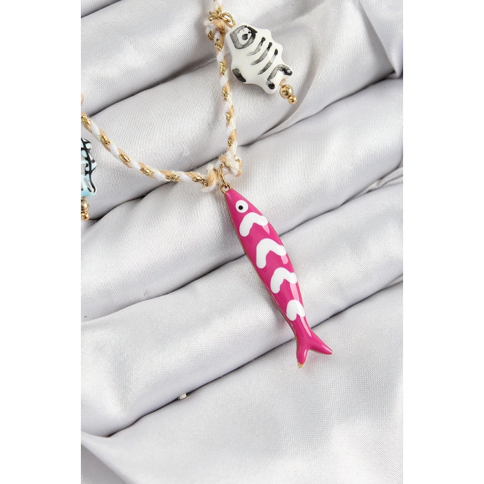 HarmonyAura Seramik Motifli Pembe Balık Figürlü Model Krem İp Kadın Kolye