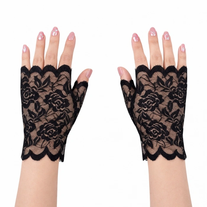 HarmonyAura Siyah Dantel Parmaksız Kısa Eldiven