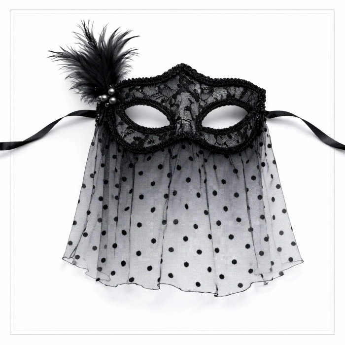 HarmonyAura Siyah Dantel Tüllü Peçeli Parti Maskesi - Tüylü İnci Detaylı