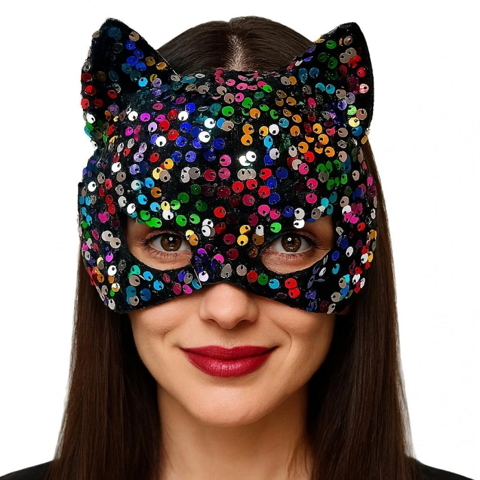 HarmonyAura Siyah Kadife Kumaş Üzerine Rengarenk Payetli Pullu Parti Maskesi 16x14 cm