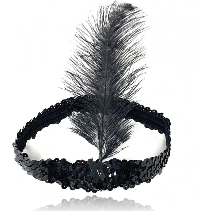 HarmonyAura Siyah Renk Çarliston Başlık 90 lı Yıllar 80 li Yıllar Tüylü Saç Bandı