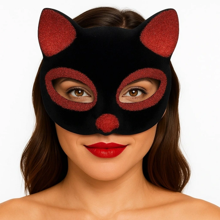 HarmonyAura Siyah Renk Kırmızı Simli Süet Kaplama Kedi Maskesi 18x14 cm