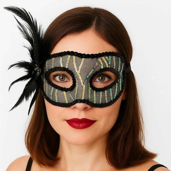 HarmonyAura Siyah Renk Yandan Tüylü Pul Payet İşlemeli Parti Maskesi 23x12 cm