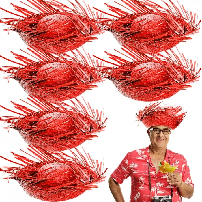 HarmonyAura Tropikal Parti Kırmızı Hasır Hawaii Şapkası 13x36 cm