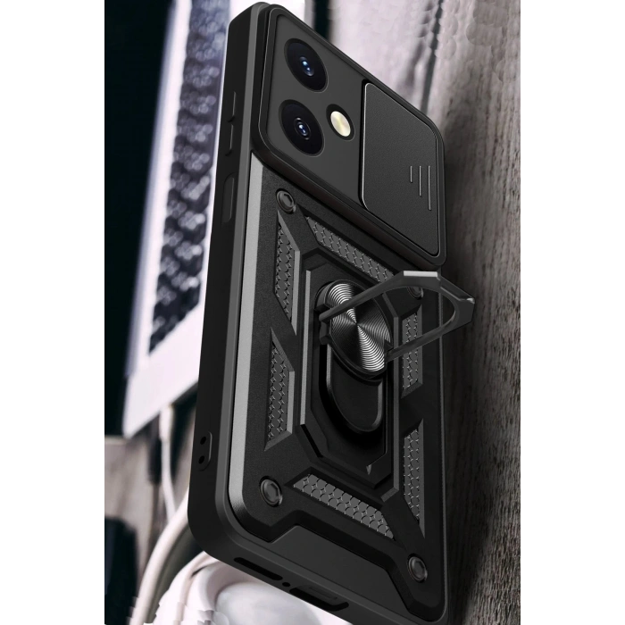 HarmonyAura  Vivo Y27 Kılıf Pars Lens Yüzüklü Silikon - Siyah