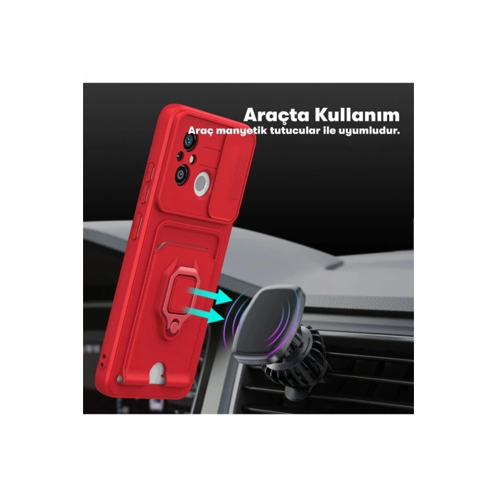 HarmonyAura  Xiaomi Redmi 12c Kılıf Zuma Kartvizitli Yüzüklü Silikon - Kırmızı