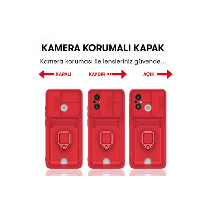 HarmonyAura  Xiaomi Redmi 12c Kılıf Zuma Kartvizitli Yüzüklü Silikon - Kırmızı