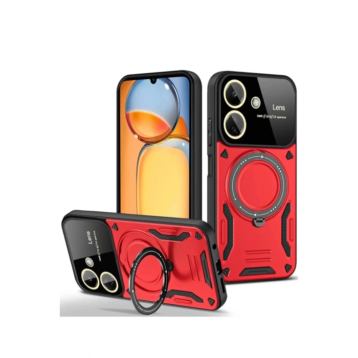 HarmonyAura  Xiaomi Redmi 13c Kılıf Joy Lens Standlı Kapak - Kırmızı