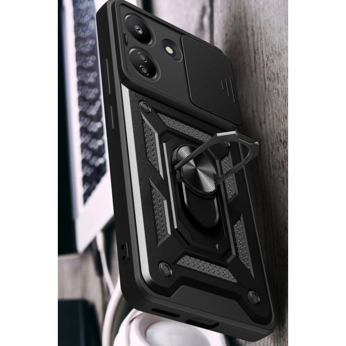 HarmonyAura  Xiaomi Redmi 13c Kılıf Pars Lens Yüzüklü Silikon - Siyah