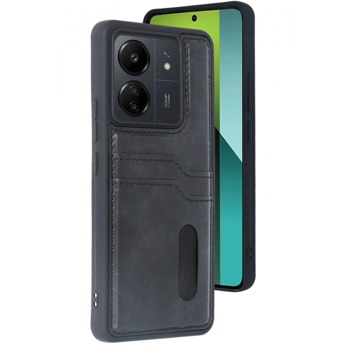 HarmonyAura  Xiaomi Redmi 13c Kılıf Sara Kartvizitli Deri Kılıf - Siyah