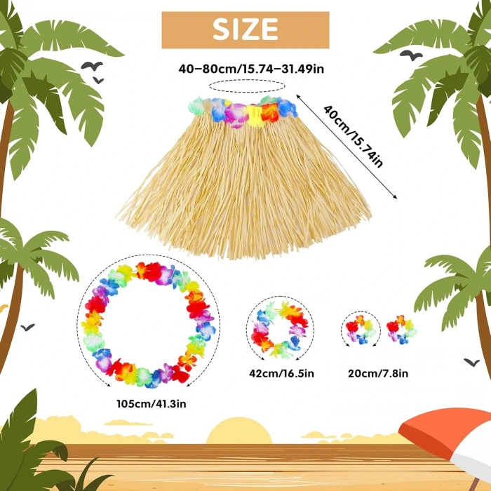HarmonyAura Yetişkin Çocuk Hawaii Parti Seti - 40 cm Naturel Etek + Çiçek Aksesuarlar (5 Parça)