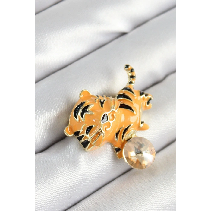 HarmonyAura Zirkon Taşlı Siyah Çizgili Turuncu Kaplan Figürlü Gold Renk Kadın Broş