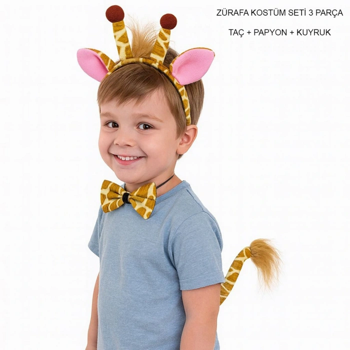 HarmonyAura Zürafa Kosümü Aksesuar Seti 3 lü - Taç Papyon Kuyruk