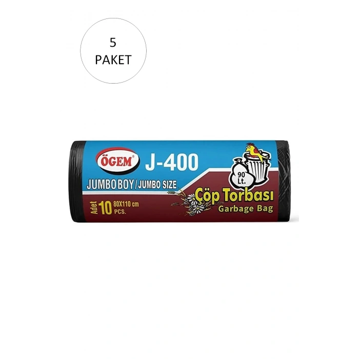 J-400 Jumbo Boy Çöp Torbası 80 X 110 Cm 10 Lu Rulo X 5 Paket = 50 Adet (siyah)