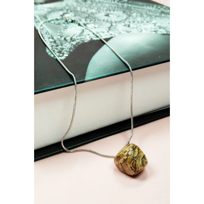 Jasper Doğal Taşı Zincirli El Yapımı Kolye Uç: 2 Cm Zincir: 20 Cm Kutulu