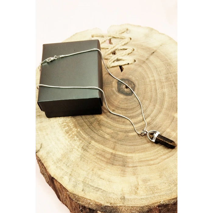 Kaplan Gözü Doğal Taşı Zincirli El Yapımı Tasarımlı Kolye Uç: 3,5 Cm Zincir: 20 Cm Kutulu