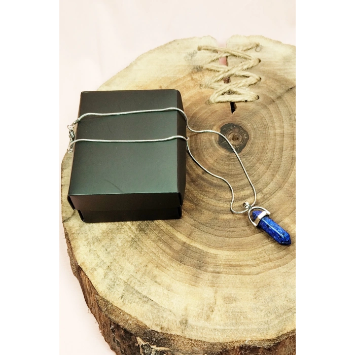 Lapis  Lazuli Doğal Taşı Zincirli El Yapımı Tasarımlı Kolye Uç: 3,5 Cm Zincir: 20 Cm Kutulu