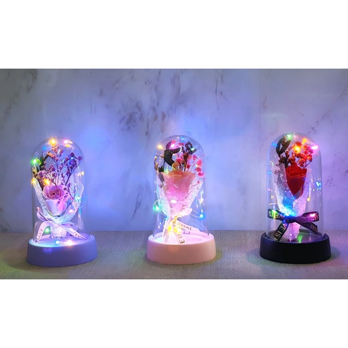 LED Işıklı Müzikli Cam Fanus İçinde Gül Buketi