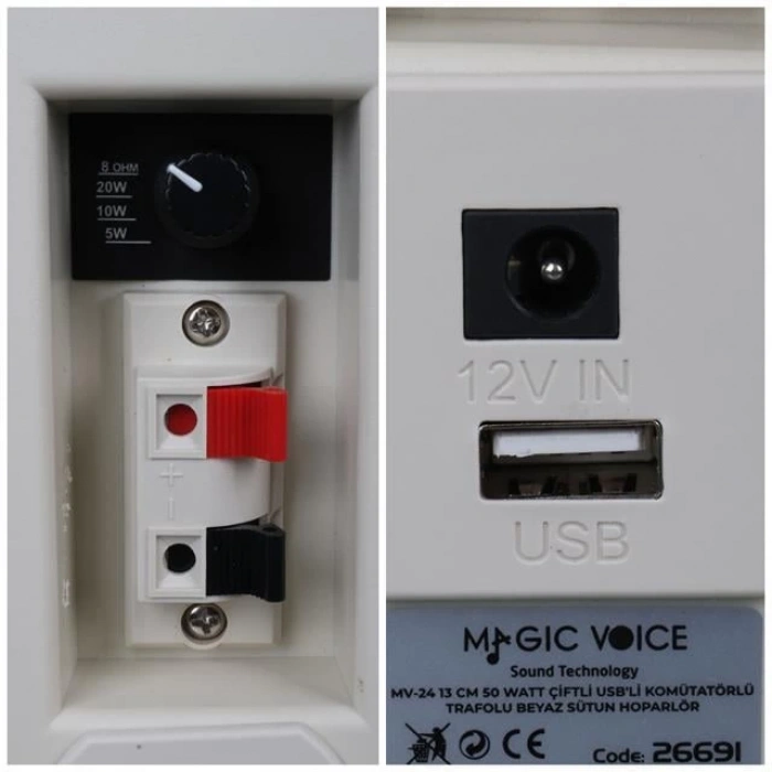 MagicVoice MV-24 13 CM 50 Watt Komütatörlü Hat Trafolu Krem Beyaz Sütun Hoparlör (2li Takım)