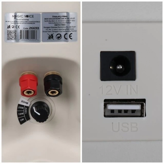 MagicVoice MV-36 11 CM 50 Watt Komütatörlü Hat Trafolu Krem Beyaz Sütun Hoparlör (2li Takım)