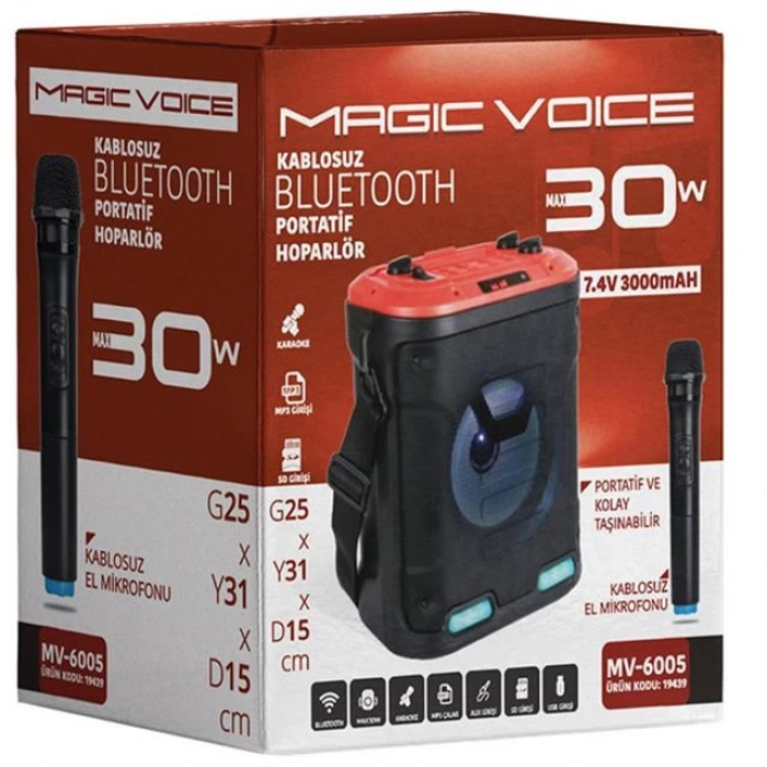 Magicvoice MV-6005 VHF El Mikrofonlu USB-SD-Bluetooth Işıklı 30 W Taşınabilir Şarjlı  Seyyar Anfi