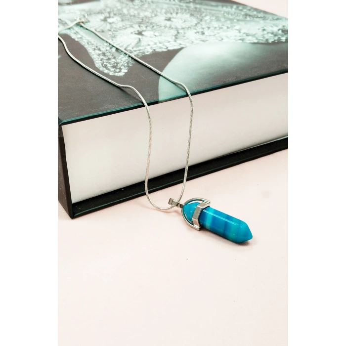 Mavi Akik Doğal Taşı Zincirli El Yapımı Tasarımlı Kolye Uç: 3,5 Cm Zincir: 20 Cm Kutulu