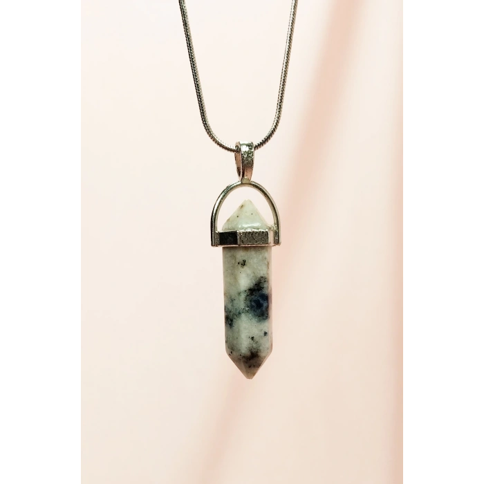 Mavi Kuvars Doğal Taşı Zincirli El Yapımı Tasarımlı Kolye Uç: 3,5 Cm Zincir: 20 Cm Kutulu