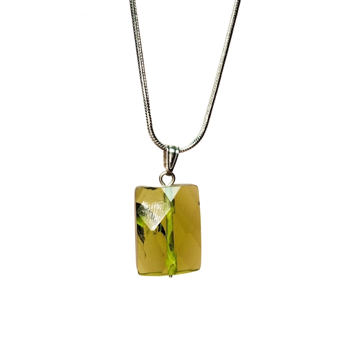 Moldavit Doğal Taşı Zincirli El Yapımı Kolye Uç: 2 Cm Zincir: 20 Cm Kutulu