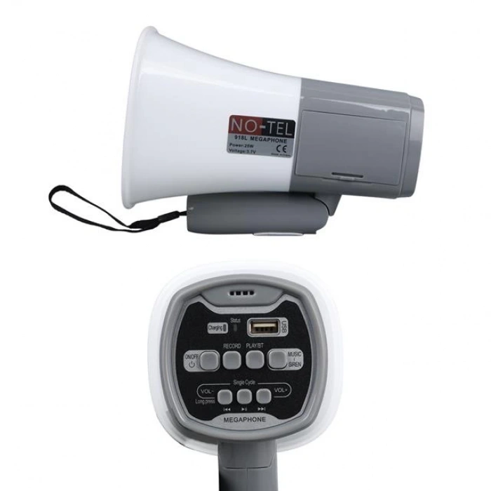 No-Tel 918L Bluetooth-Usb-Siren-Ses Kayıt Özelikli Dahili Bataryalı 25 Watt Mini El Tipi Megafon