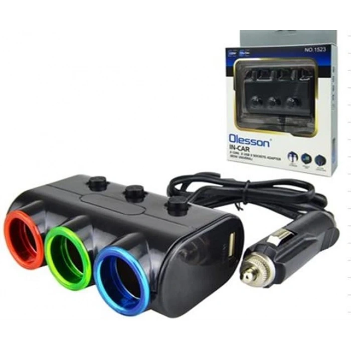 Olesson 1523 12-24V Çift USB Girişli 120W 80cm Kablolu 3LÜ Araç Çakmak Çoklayıcı