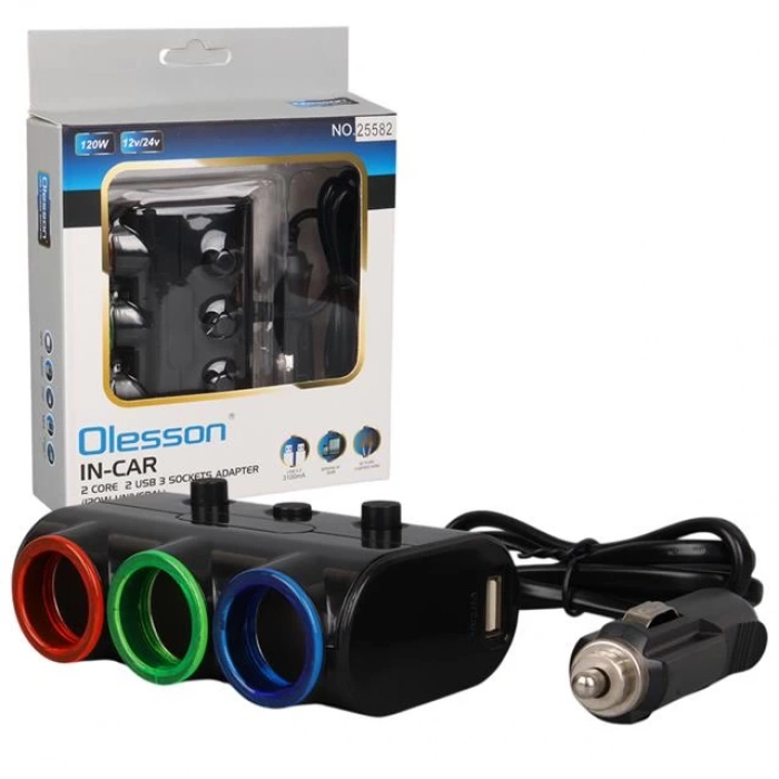 Olesson 1523 12-24V Çift USB Girişli 120W 80cm Kablolu 3LÜ Araç Çakmak Çoklayıcı