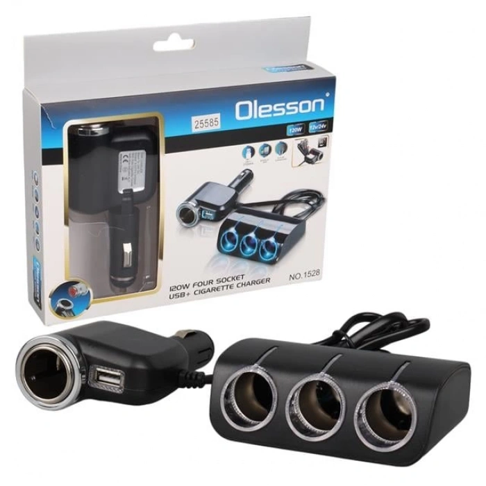 Olesson 1528 12-24V Tek USB Girişli 120W 80cm Kablolu 3LÜ Araç Çakmak Çoklayıcı