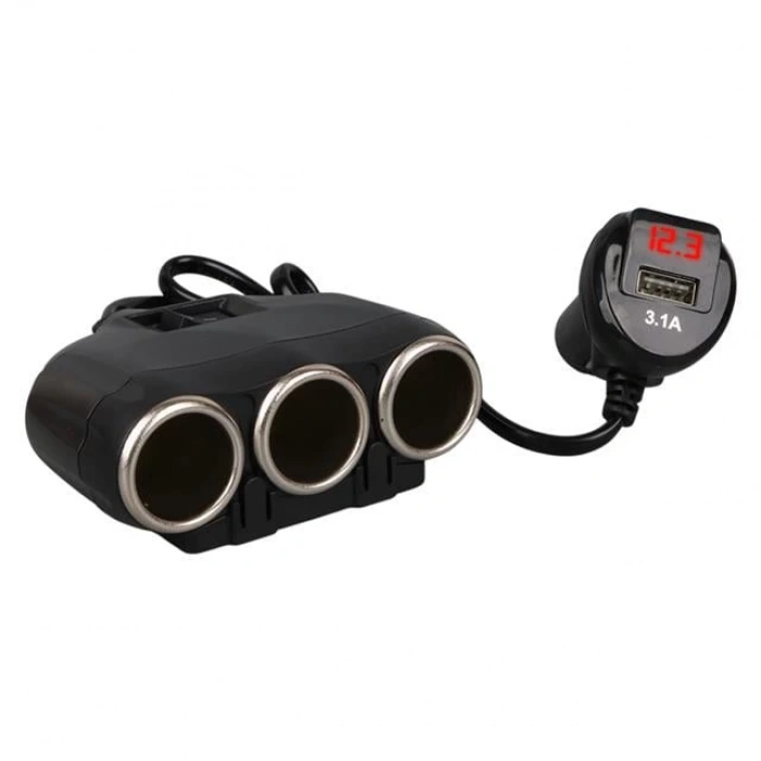 Olesson 1634 12-24V Tek USB Girişli 120W 80cm Kablolu Dijital Voltaj Ekranlı 3lü Araç Çakmak Çoklayıcı
