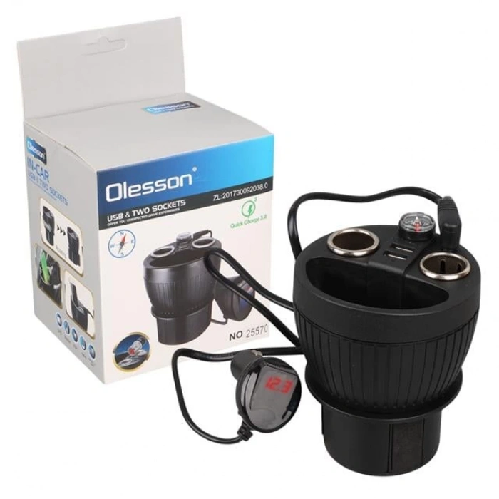 Olesson 1640 12-24V Çift USB Girişli 120W 80cm Kablolu Dijital Voltaj Ekranlı 2li Araç Çakmak Çoklayıcı