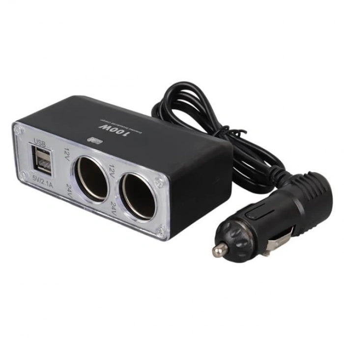 Olesson 1647 12-24V Çift USB Girişli 100W 70cm Kablolu 2li Araç Çakmak Çoklayıcı