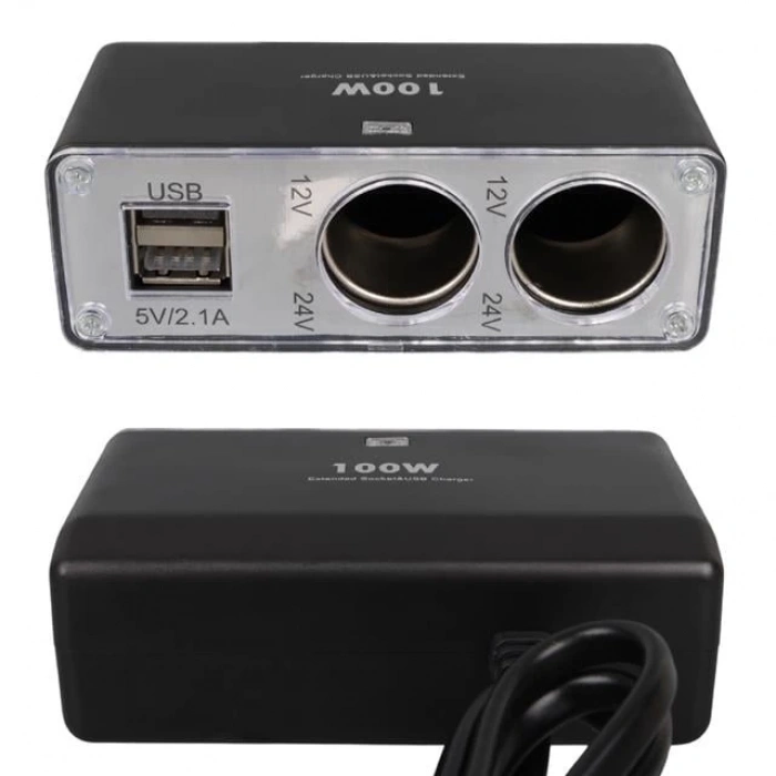 Olesson 1647 12-24V Çift USB Girişli 100W 70cm Kablolu 2li Araç Çakmak Çoklayıcı