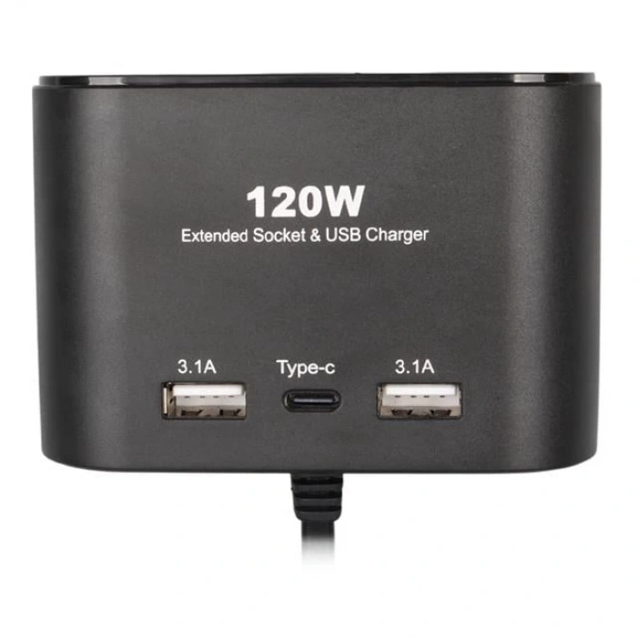 Olesson 1653 12-24V Çift USB + TYPE-C Girişli 100W 70cm Kablolu 3lü Araç Çakmak Çoklayıcı
