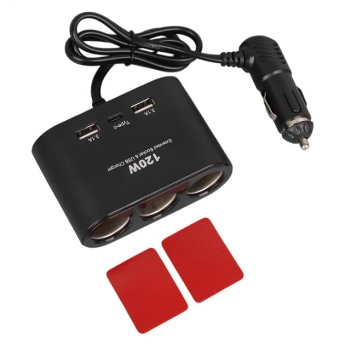 Olesson 1653 12-24V Çift USB + TYPE-C Girişli 100W 70cm Kablolu 3lü Araç Çakmak Çoklayıcı