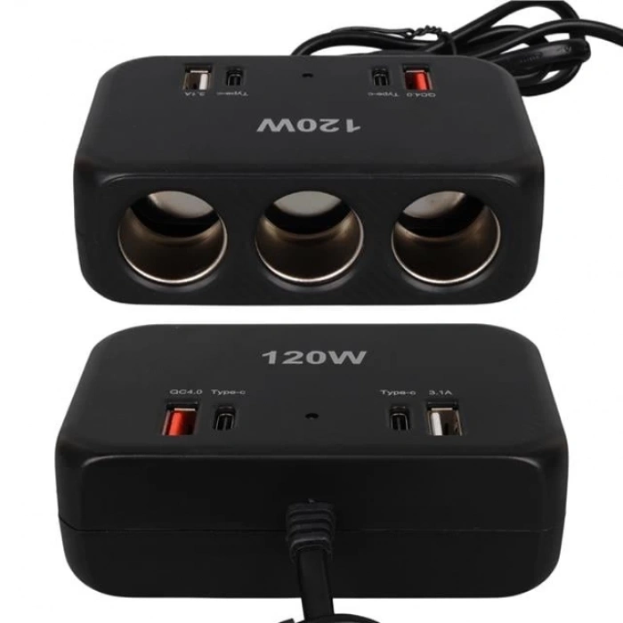 Olesson 1656 12-24V Çift USB + Çift TYPE-C 120W 80cm Kablolu 3lü Araç Çakmak Çoklayıcı