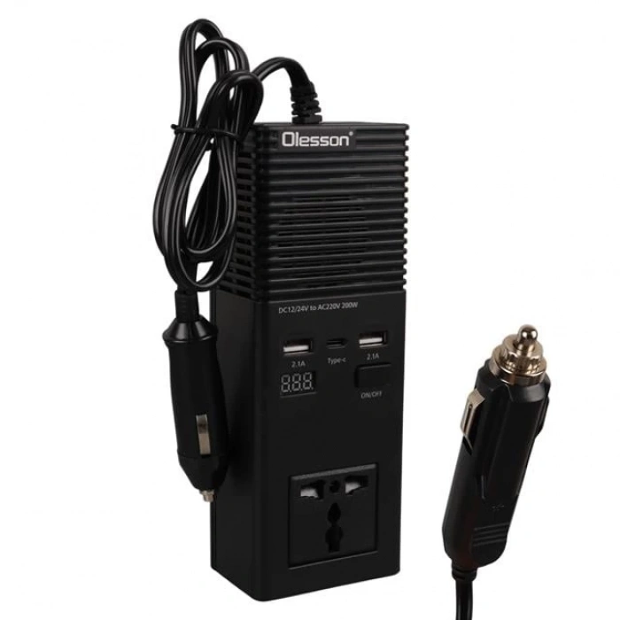 Olesson 1665 DC 12-24V 200W Oto Araç Power İnverter Ek Çakmak Girişi - TYPE-C - Çift USB - 220V Üniversal Priz