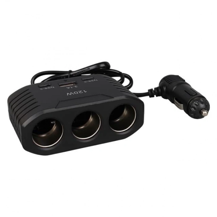Olesson 2012 12-24V Çift TYPE-C - Tek USB Girişli 120W 80cm Kablolu 3LÜ Araç Çakmak Çoklayıcı