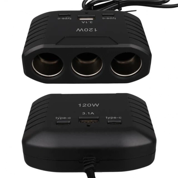 Olesson 2012 12-24V Çift TYPE-C - Tek USB Girişli 120W 80cm Kablolu 3LÜ Araç Çakmak Çoklayıcı