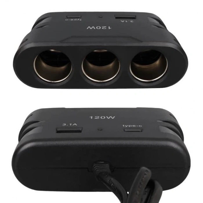 Olesson 2013 12-24V TYPE-C + USB Girişli 120W 80 CM Kablolu 3lü Araç Çakmak Çoklayıcı