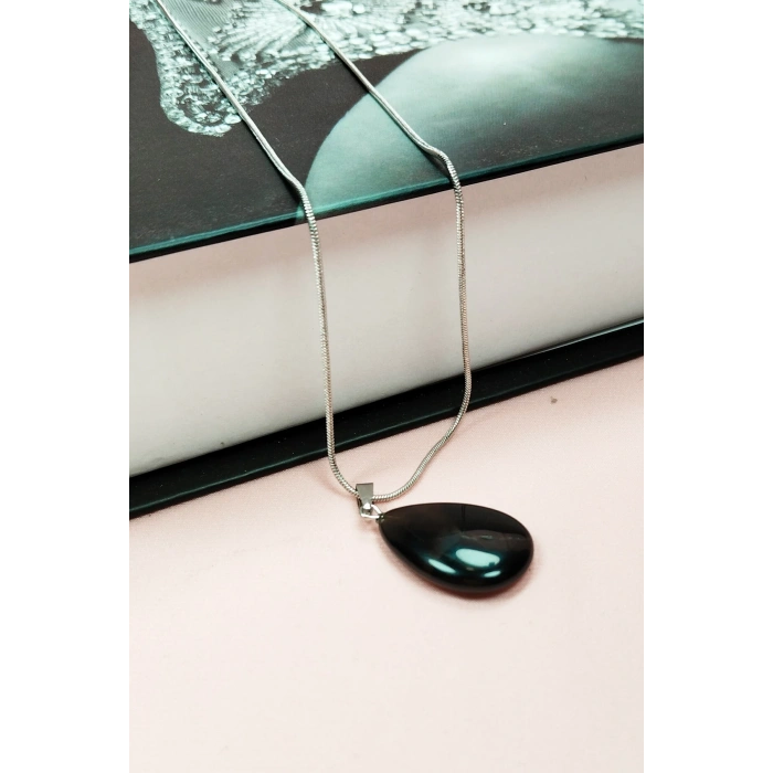 Onix Kuvars Doğal Taşı Zincirli El Yapımı Kolye Uç: 2 Cm Zincir: 20 Cm Kutulu